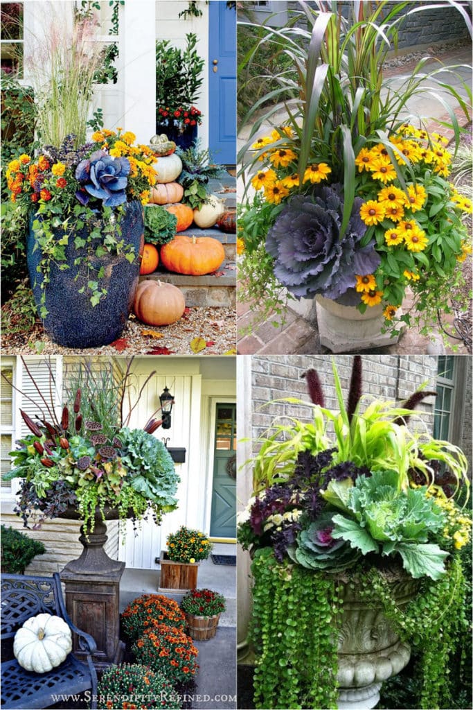 22 beautiful fall planters & outdoor fall decorations! How to plant colorful front porch fall flower pots with mums, pumpkins, kale, & more!