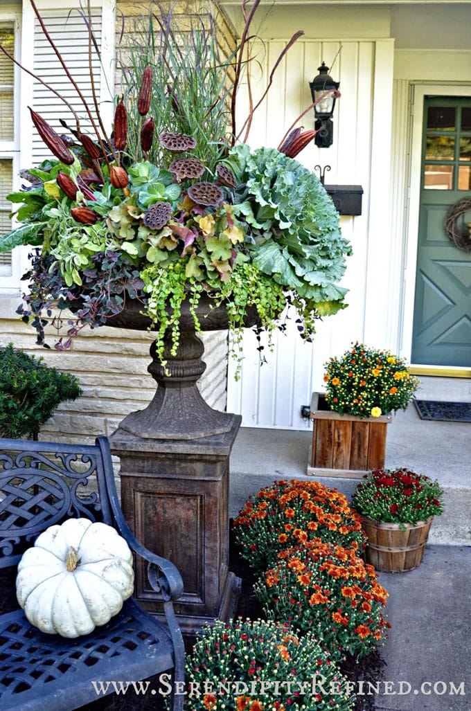 gorgeous front porch fall planters for Thanksgiving & fall decorations