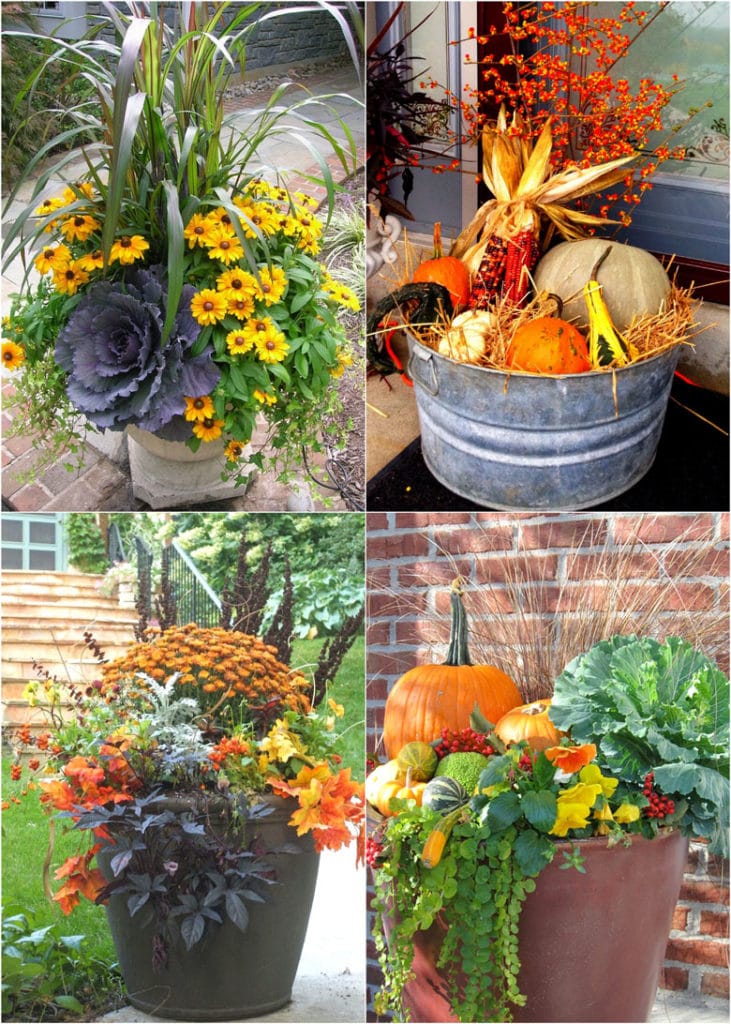 beautiful fall planters & outdoor fall decorations! How to plant colorful front porch fall flower pots with mums, pumpkins, kale, & more!