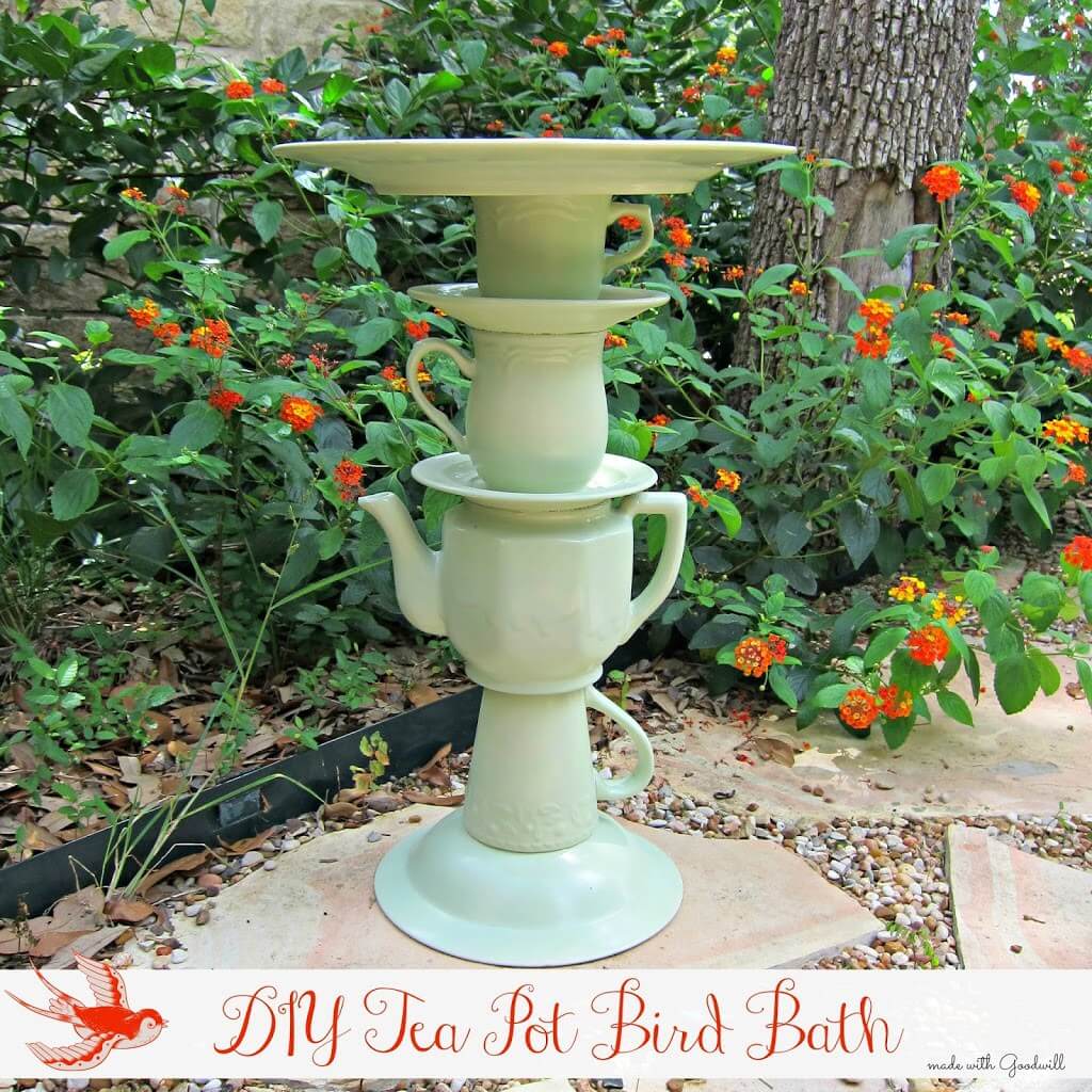 Upcycled Bird Bath Made from Dishes