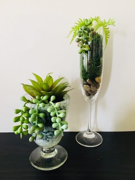 Succulents in wine glasses can be a great tabletop centerpiece. All of them are low maintenance and you can DIY them easily following these tutorials.